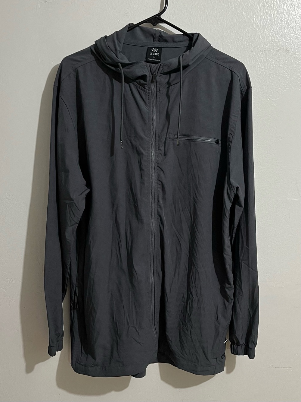 LEG3ND Men's Performance Gray/Black Hooded Full Zip Windbreaker Jacket Size L